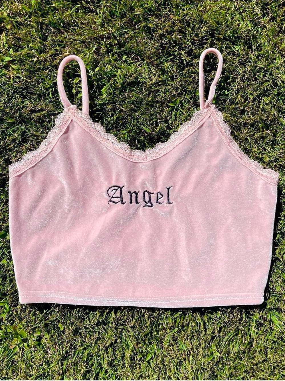 Pink 'Angel' Lace Trim Velvet Crop Top